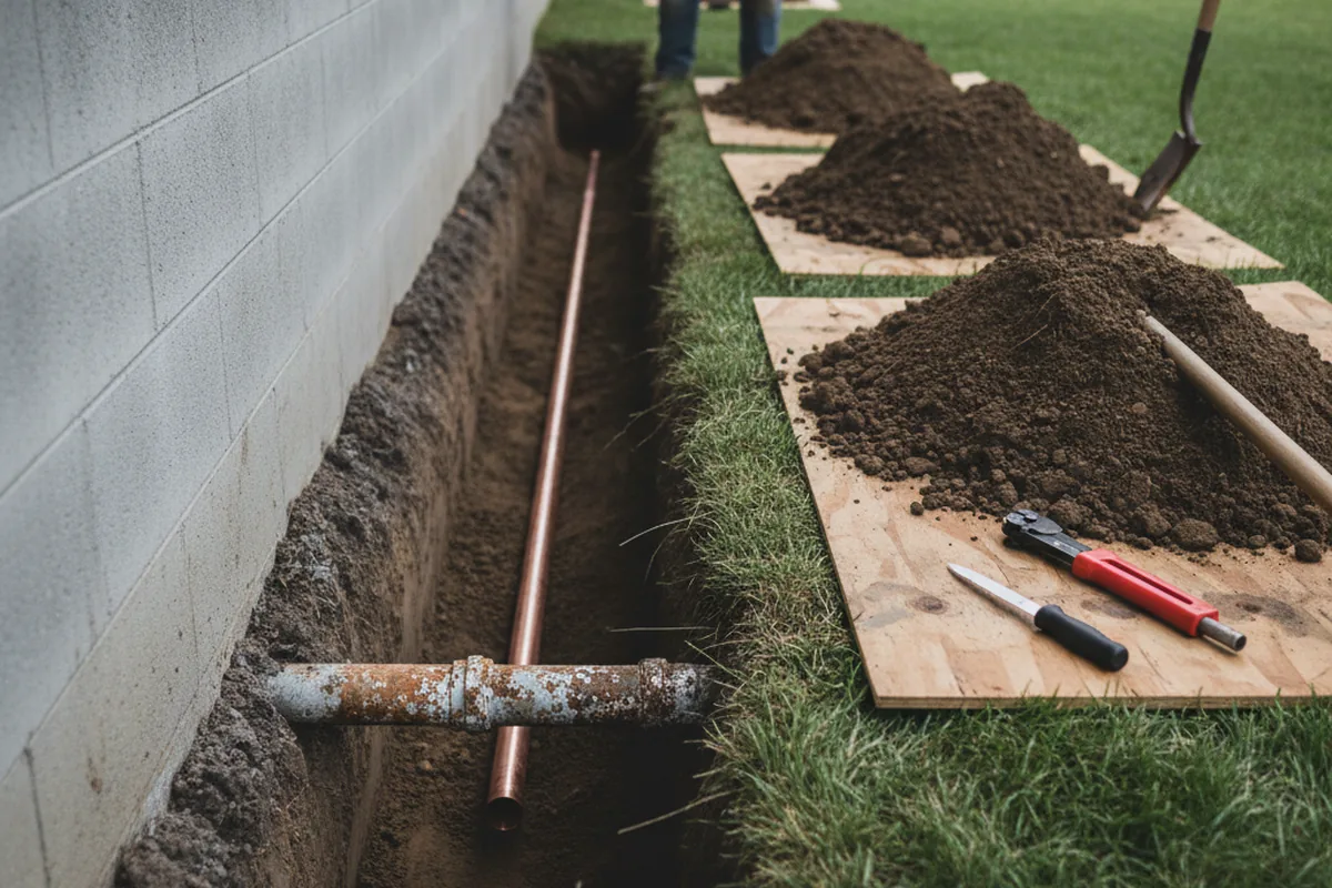 Excavated water line trench during Water Heater Repair in Bowling Green